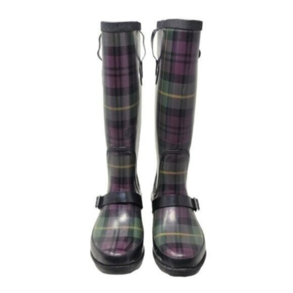 L.L. Bean | Womens Wellies Rain Boots Plaid Purple Green - Picture 2 of 14